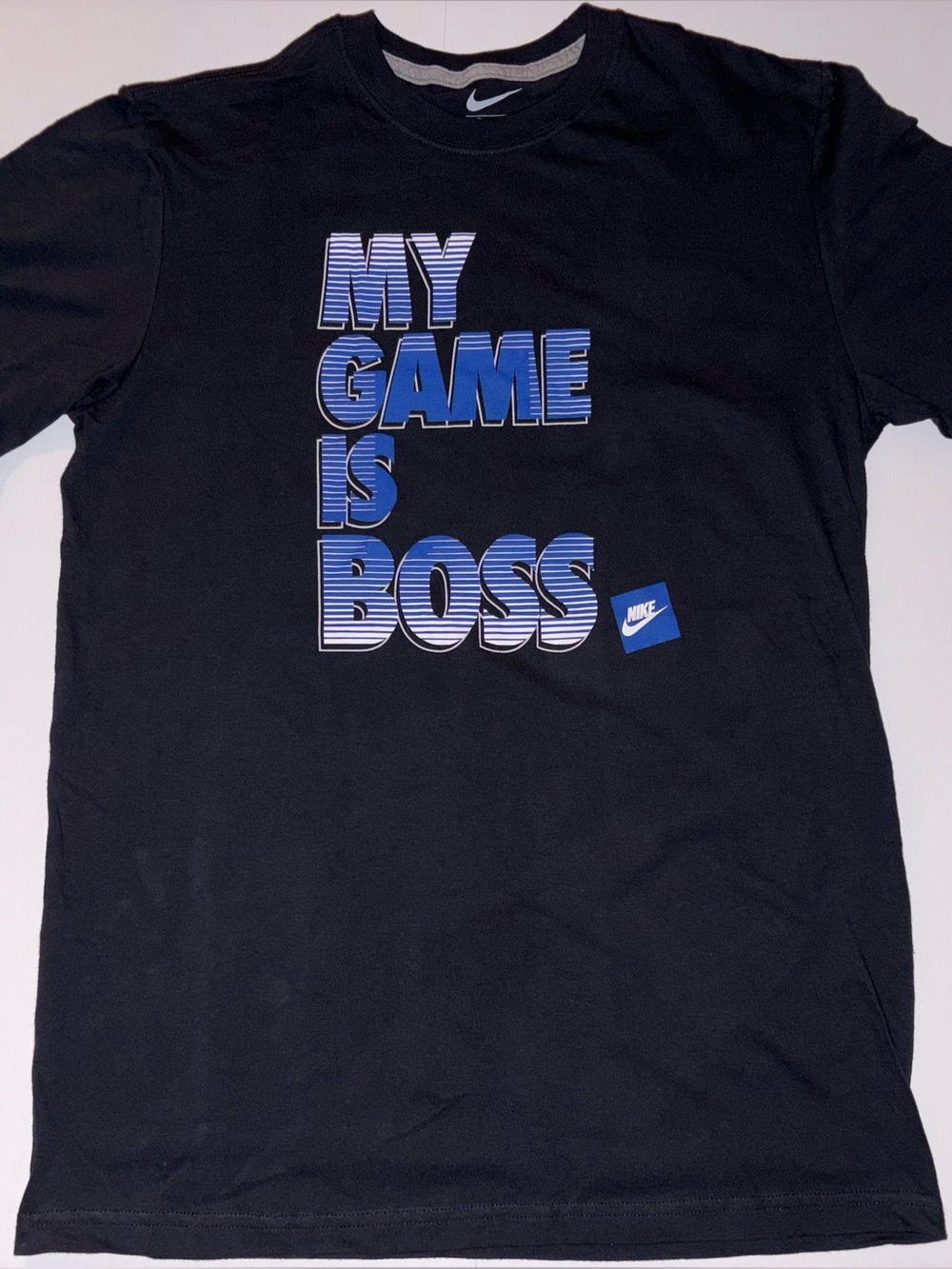 Nike Black T-Shirt with Blue 'My Game Is Boss' Graphic Sz L